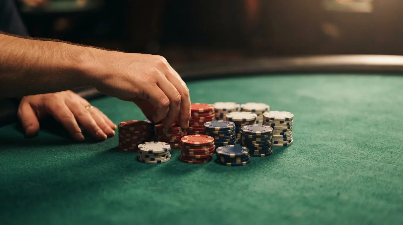 Nahaufnahme zweier Hände, die Spielchips auf einem grünen Tisch sortieren, ohne weitere Details im Hintergrund.
