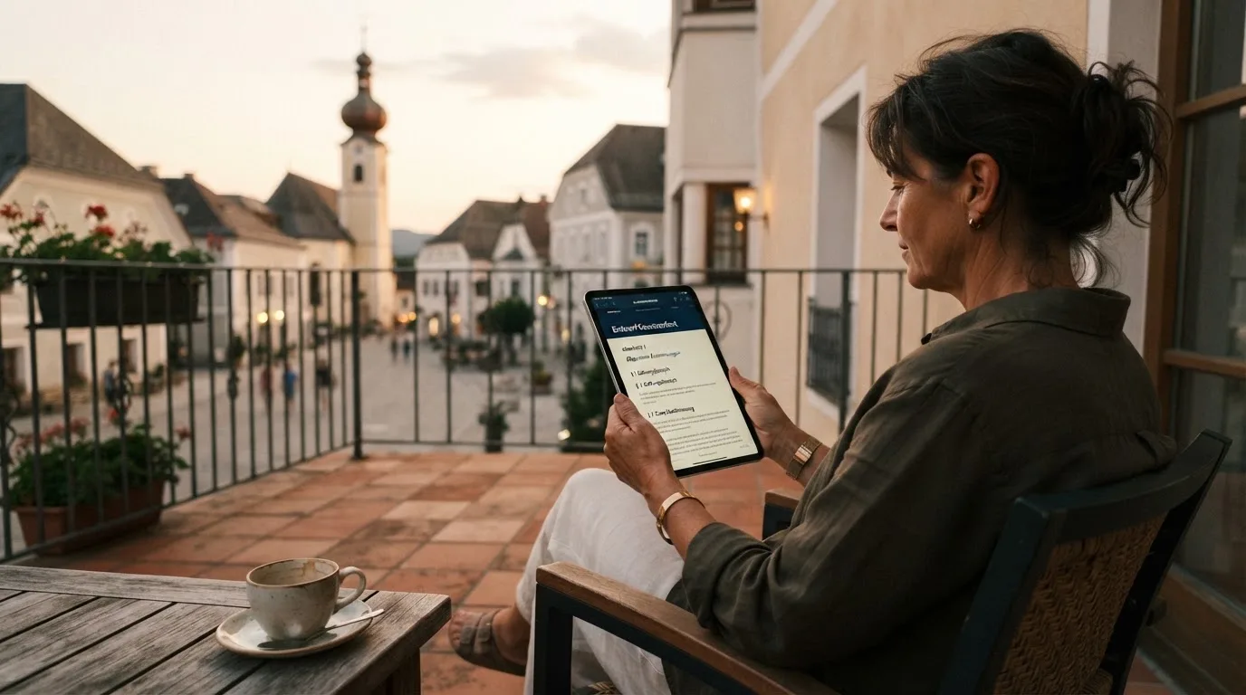 Person sitzt entspannt auf einer Terrasse und blickt auf ein Tablet, sanftes Abendlicht im Hintergrund.