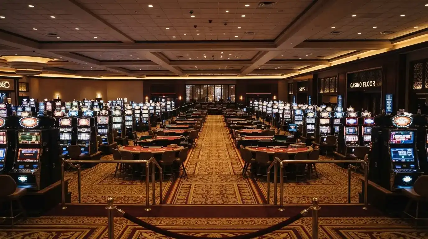 Weitwinkelaufnahme eines leeren, dezent beleuchteten Casino-Saals ohne Personen kurz vor der Öffnungszeit.