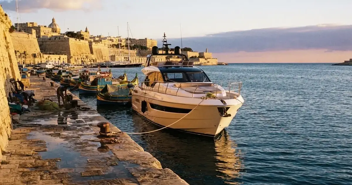Blick auf einen Hafen mit Yachten in Malta bei klarem Himmel am späten Nachmittag.