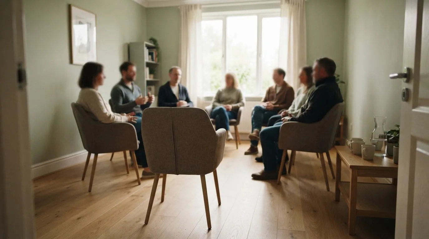 Kleine Gruppe sitzt im Kreis in einem hellen Beratungsraum und spricht miteinander, Gesichter nicht im Fokus.